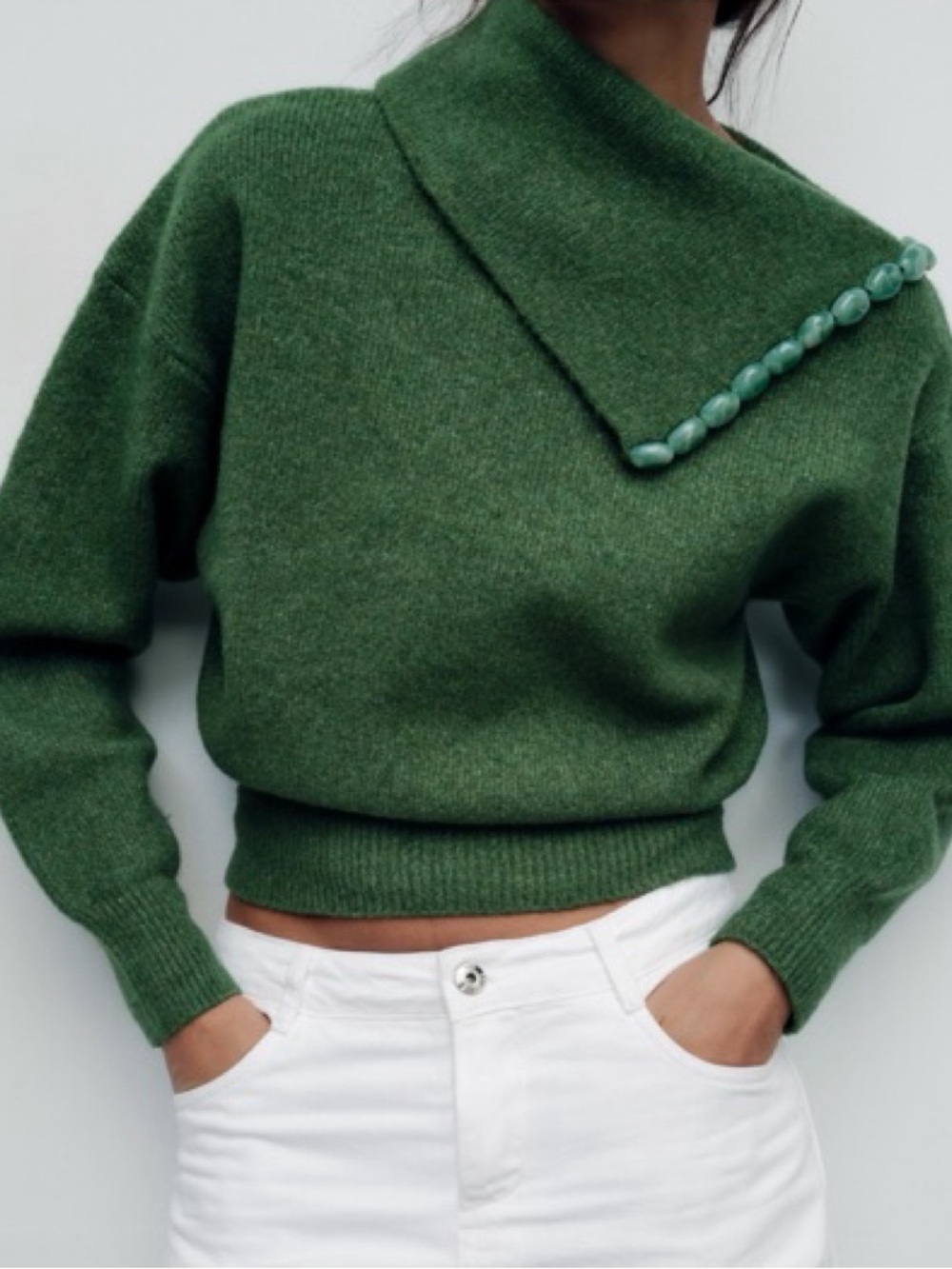 Zara Emerald Green Off-the-Shoulder Knit Sweater - Picture 2 of 5